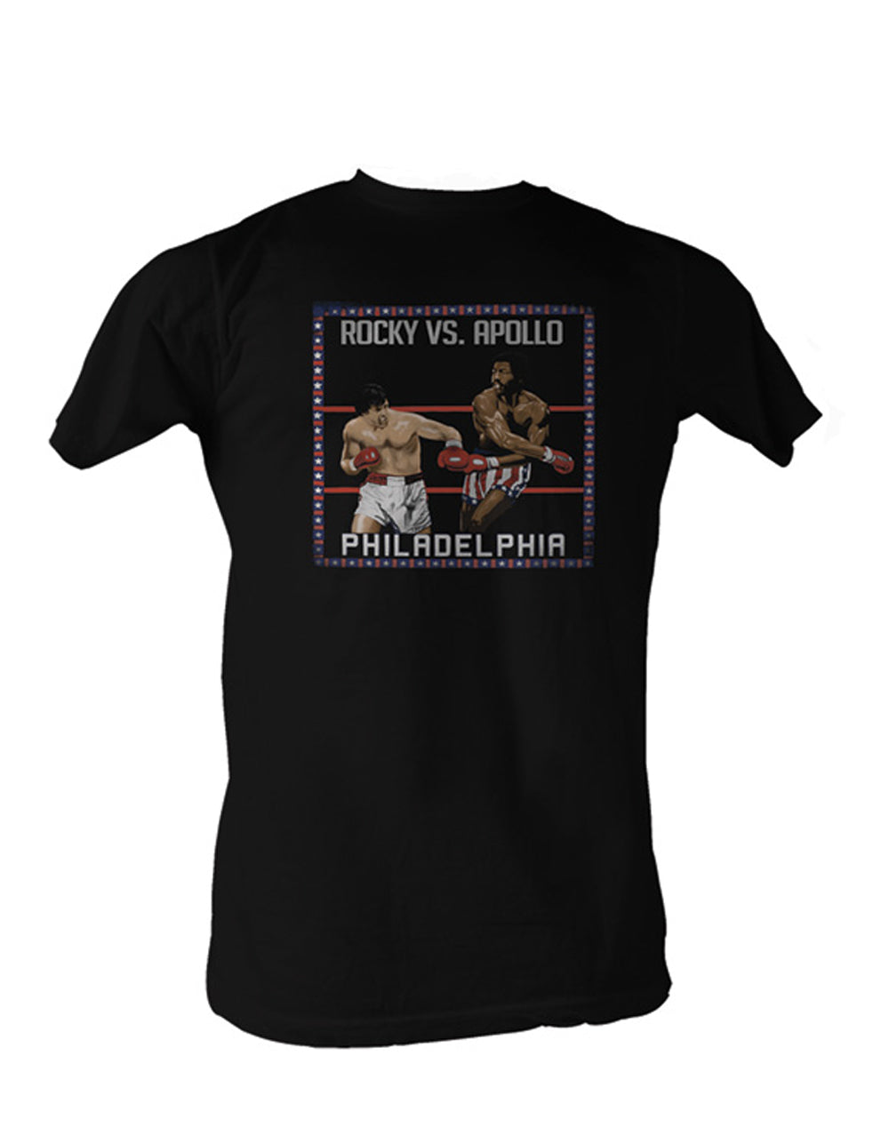 Rocky v Apollo superfight II graphic on a black adult t-shirt.