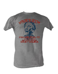 Rocky Micks gym graphic on a heathered light grey adult t-shirt.