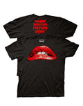 The Rocky Horror Picture Show lips graphic on a black adult t-shirt.