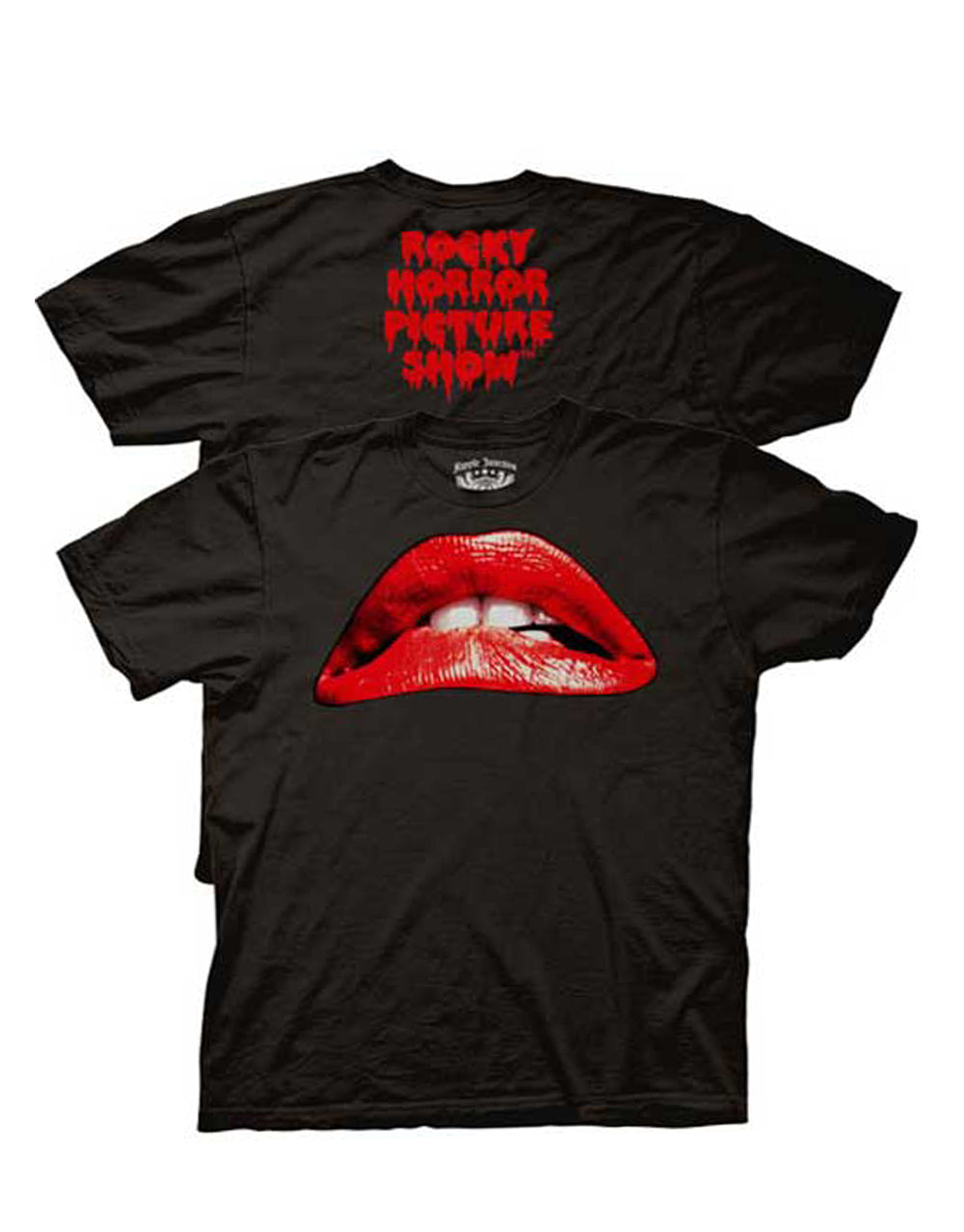 The Rocky Horror Picture Show lips graphic on a black adult t-shirt.