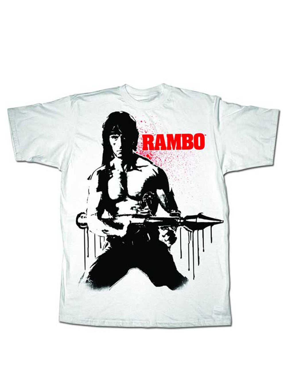 Rambo rocket drip graphic on a white adult t-shirt.