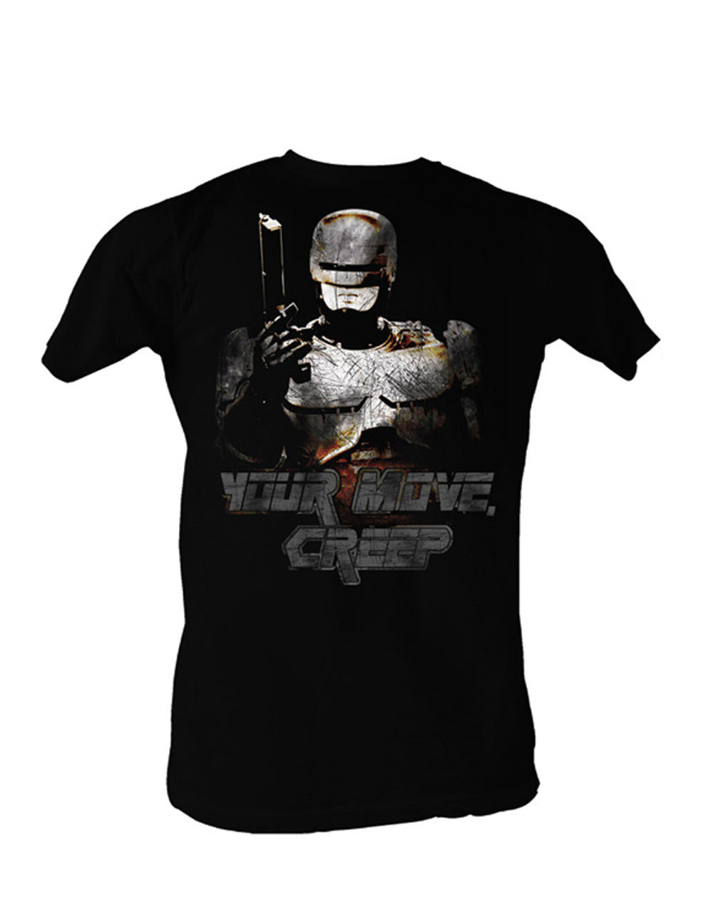Adult black t-shirt featuring Robocop and his classic your move quote.