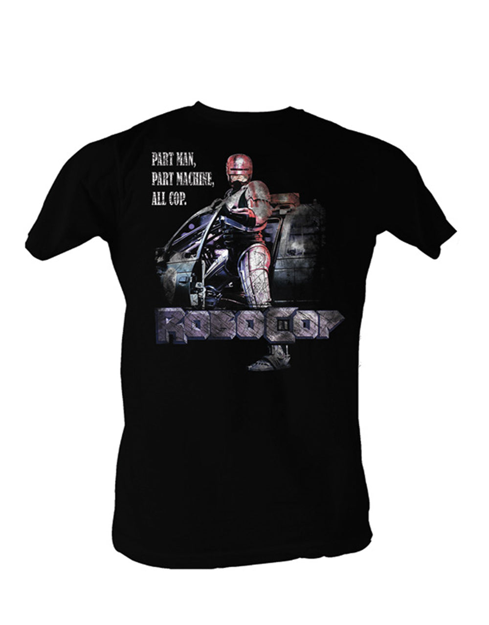 Adult black t-shirt featuring an all cop Robocop graphic design.