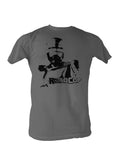 Adult dark grey t-shirt featuring a justice-themed Robocop design.