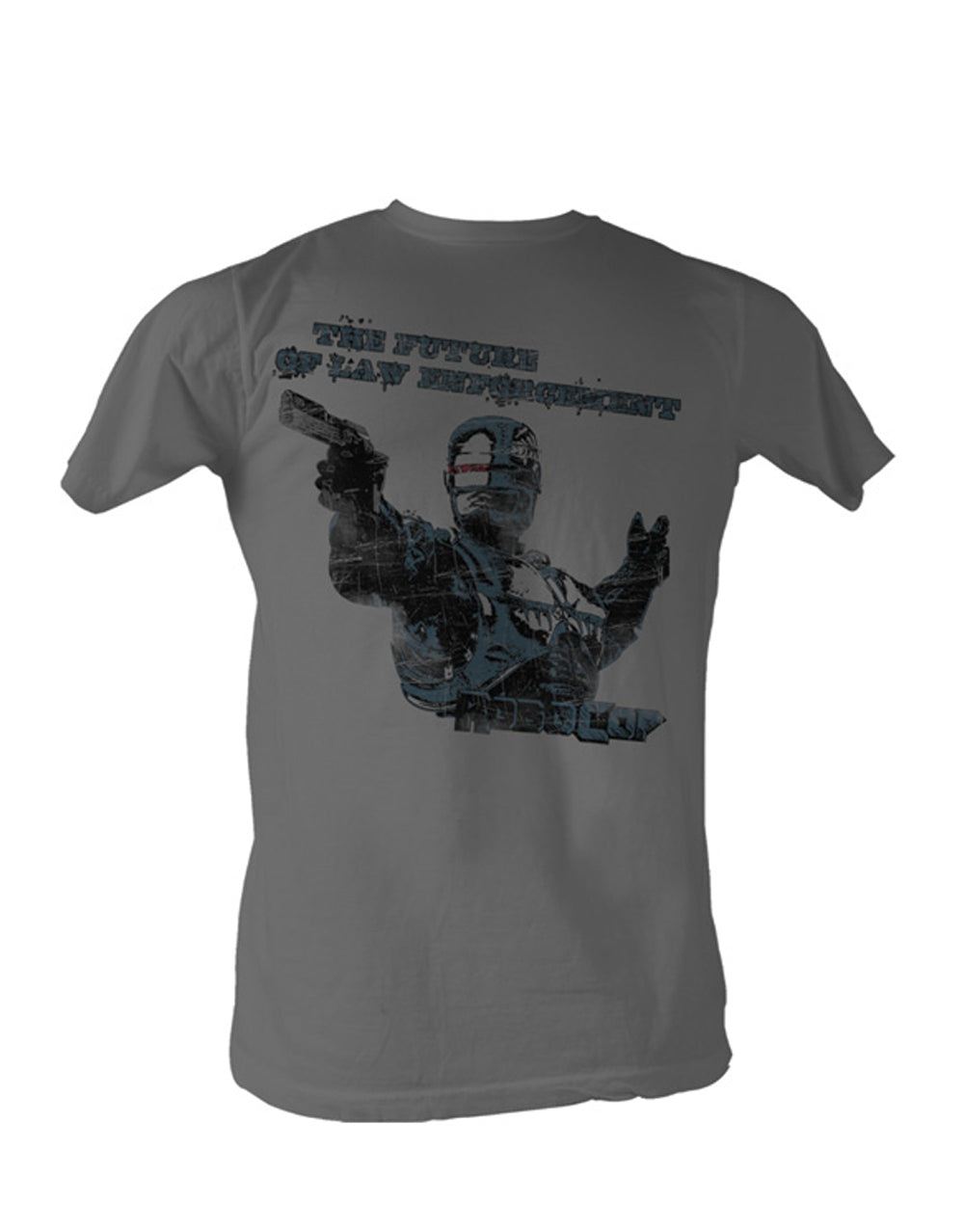 Adult dark grey t-shirt featuring a Robocop future law enforcement graphic.