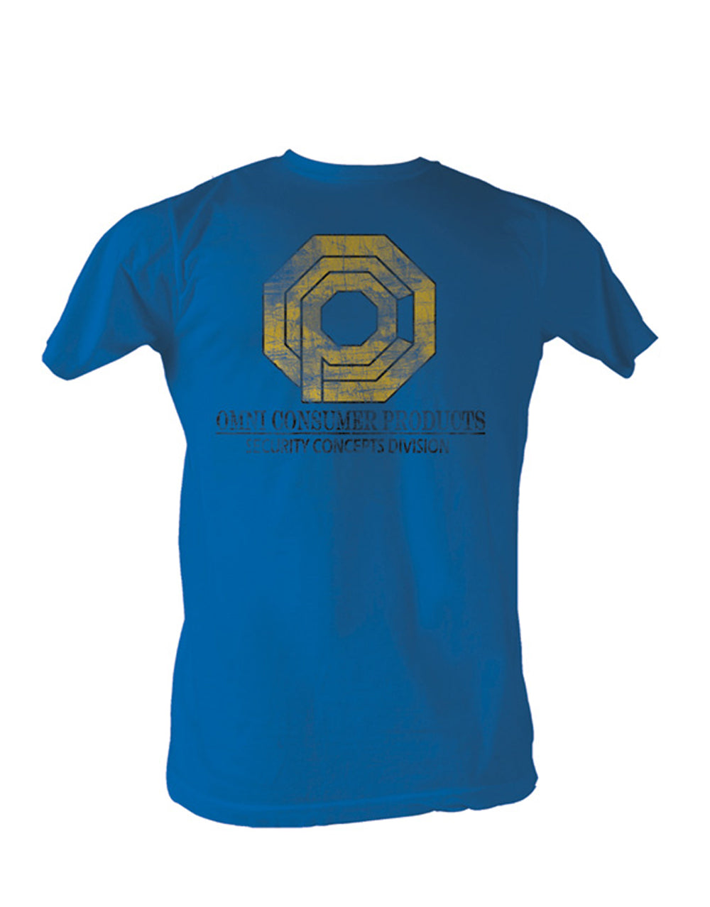 Adult blue t-shirt featuring the Omni Consumer Products logo from Robocop.