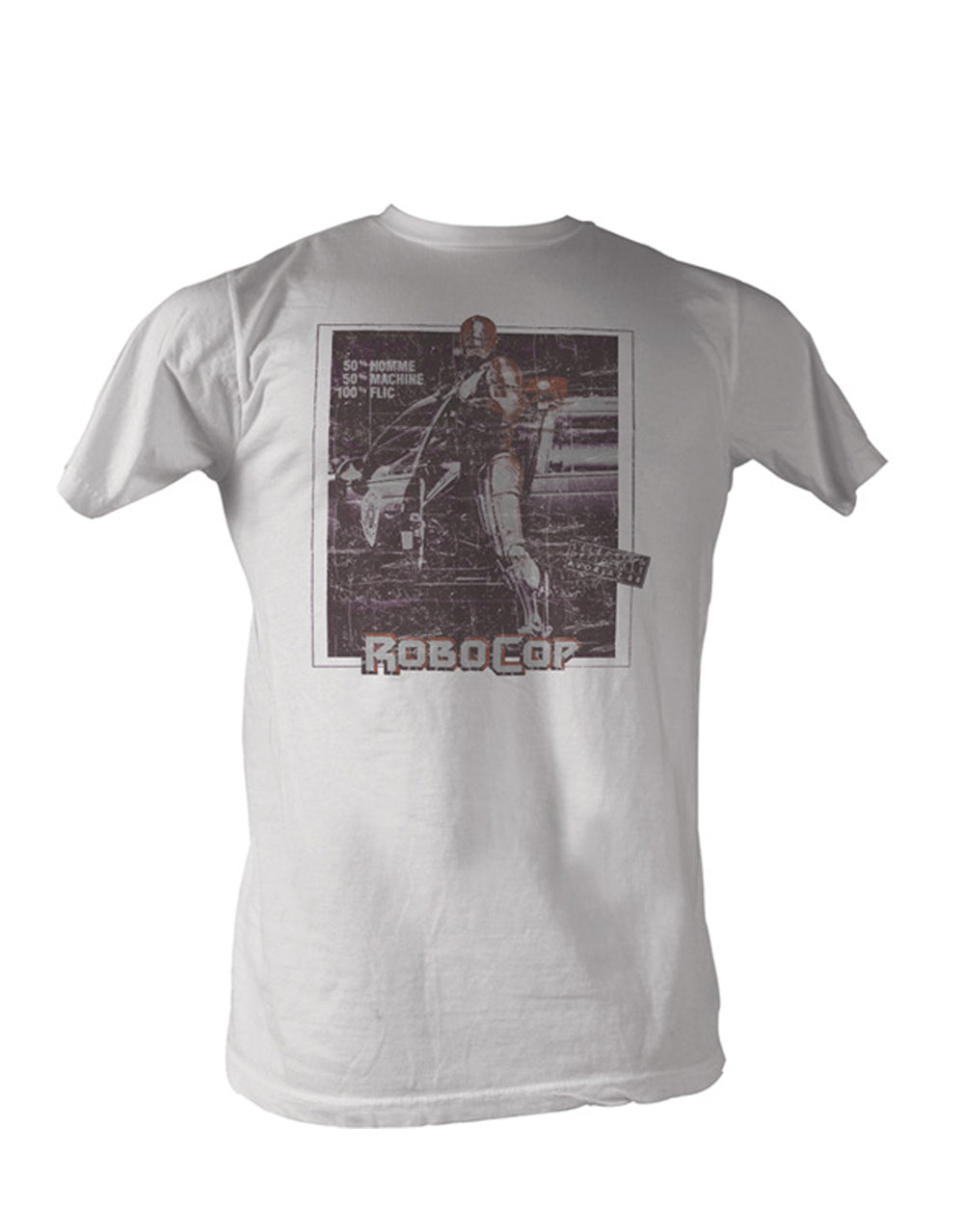 Adult white t-shirt featuring a stunt-themed Robocop graphic.