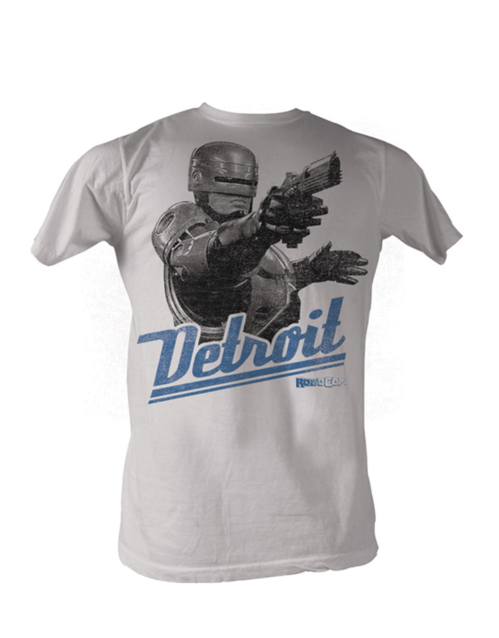 Adult light grey t-shirt featuring a Robocop Detroit graphic.