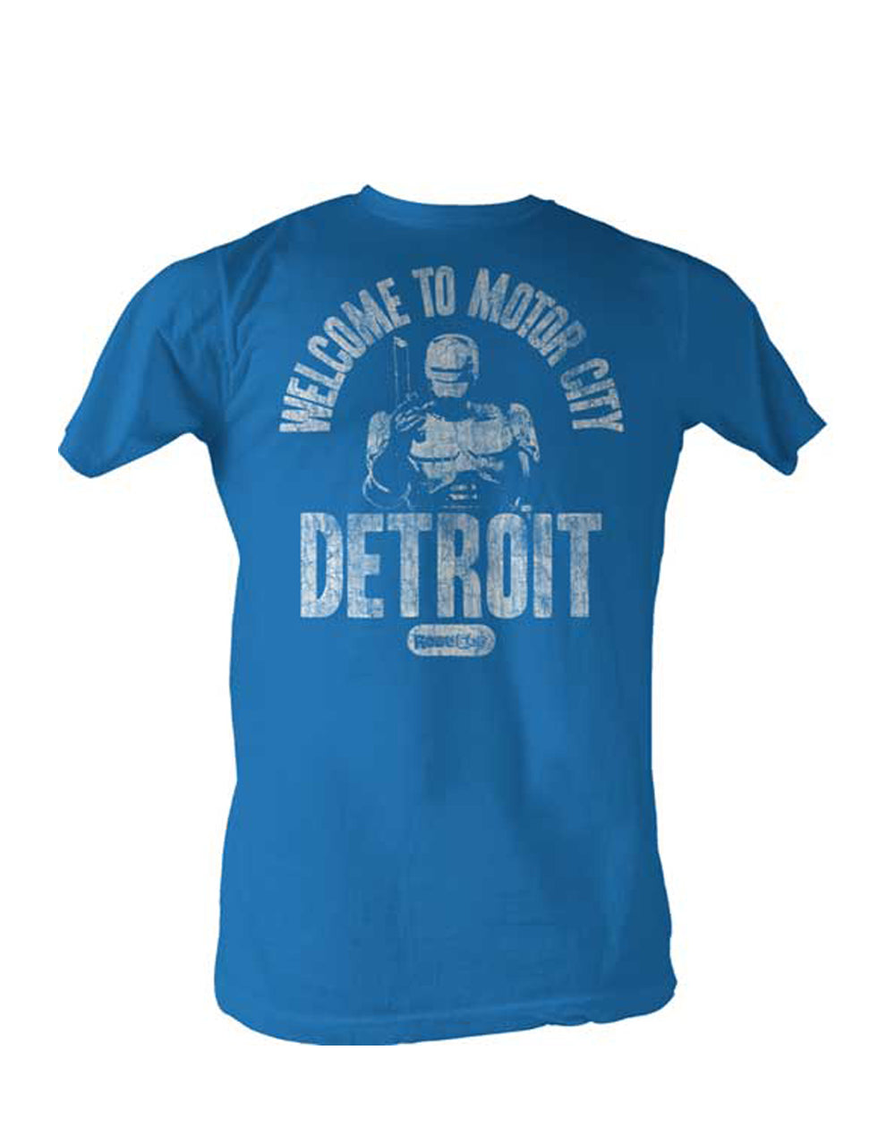 Adult heathered blue t-shirt featuring a Robocop motor city graphic.