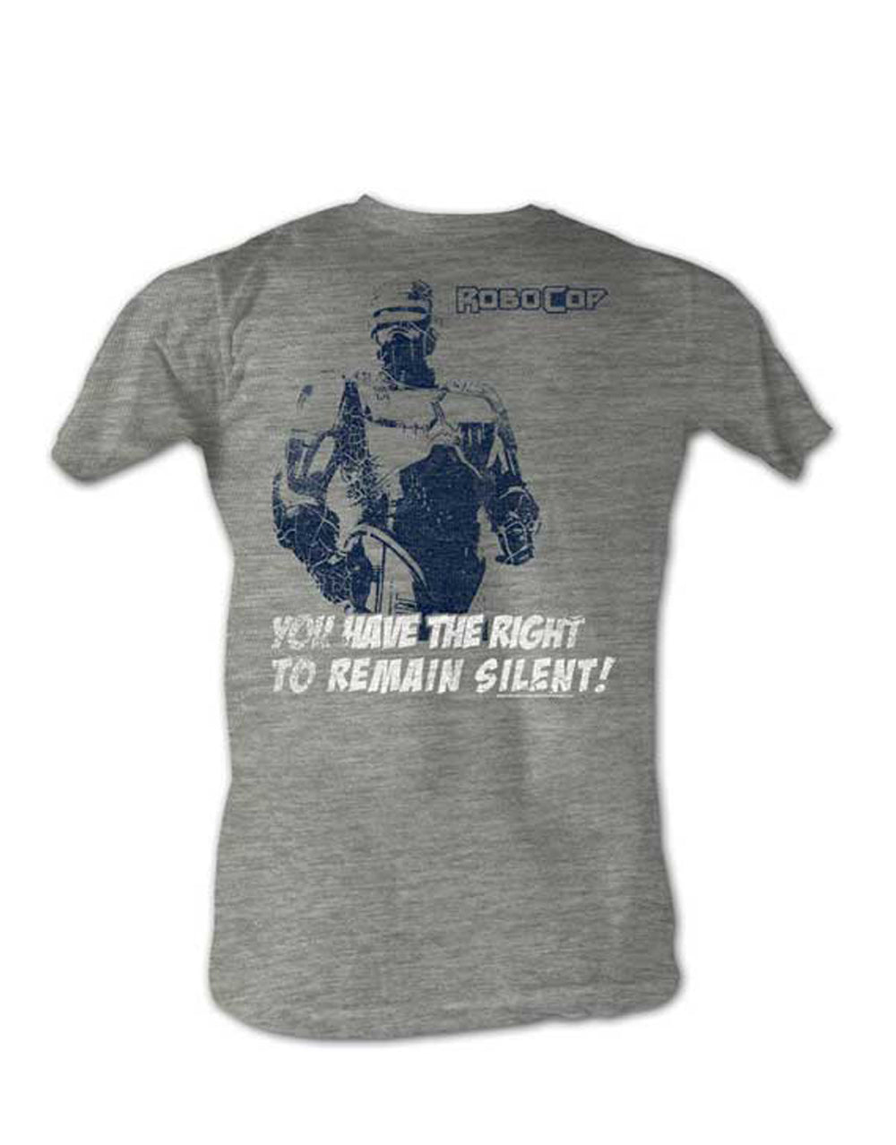Adult grey t-shirt featuring a silent Robocop graphic design.