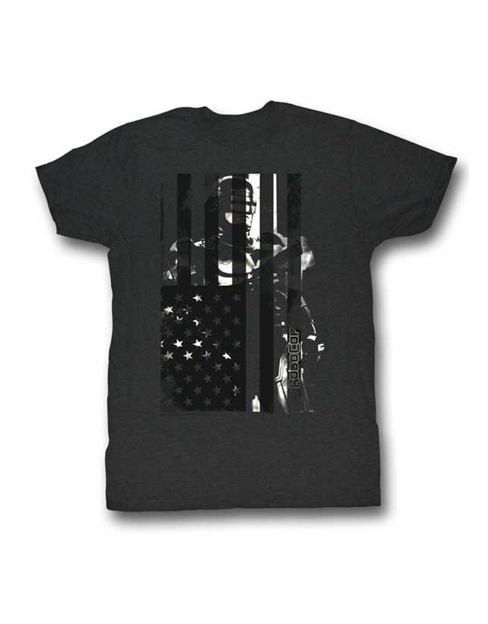 Adult heathered grey t-shirt featuring a USA-themed Robocop graphic.