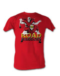 WWE Road Warriors spikes graphic on a red adult t-shirt.