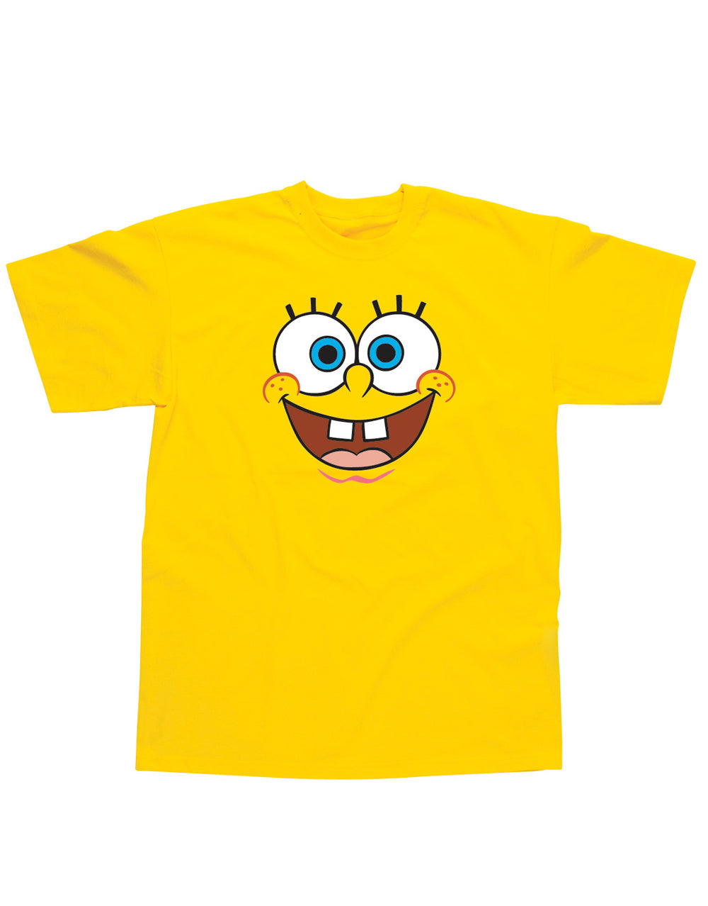 SpongeBob SquarePants face graphic on a yellow adult t-shirt.