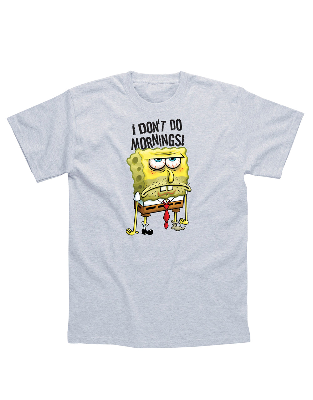 SpongeBob SquarePants mornings graphic on a grey adult t-shirt.