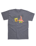 SpongeBob SquarePants out of it graphic on a grey adult t-shirt.