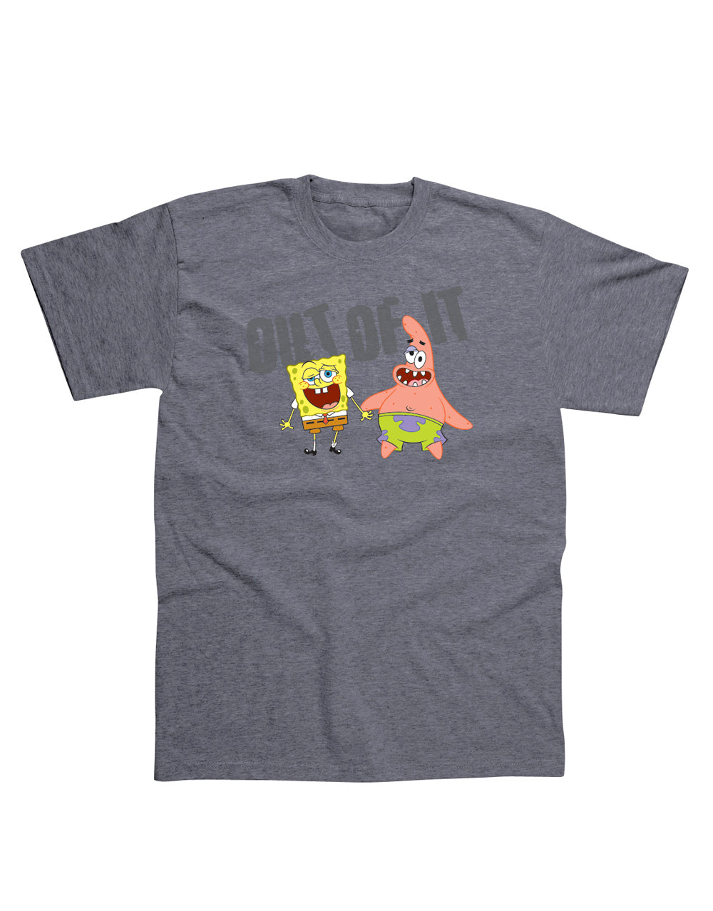 SpongeBob SquarePants out of it graphic on a grey adult t-shirt.
