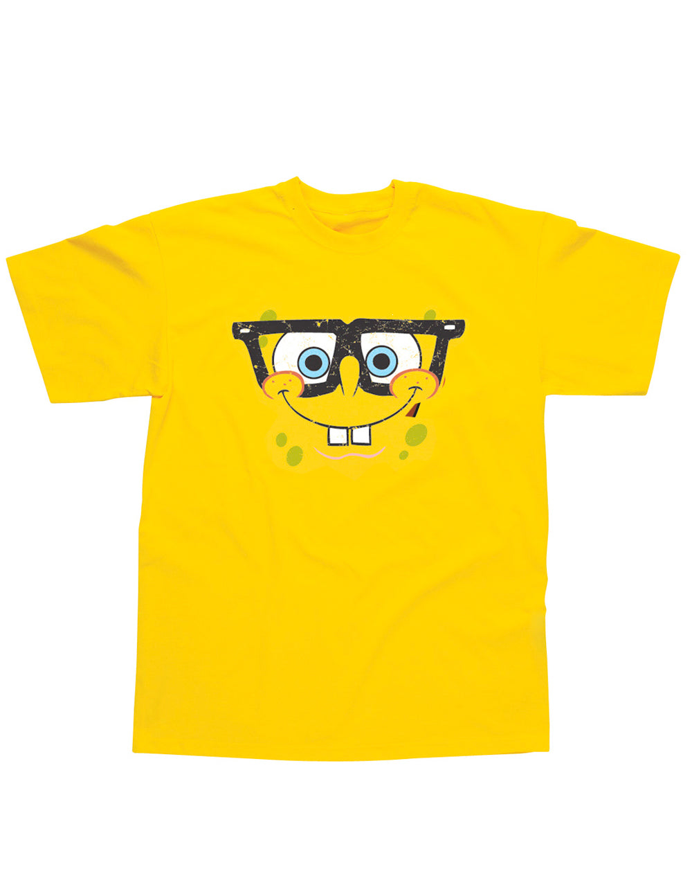 SpongeBob SquarePants geek graphic on a yellow adult t-shirt.