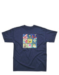 SpongeBob SquarePants family graphic on a navy blue kids t-shirt.