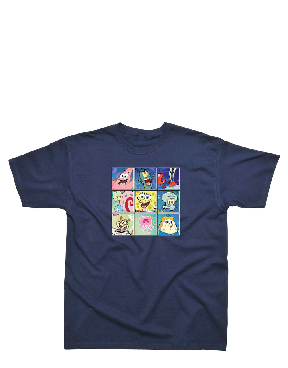 SpongeBob SquarePants family graphic on a navy blue kids t-shirt.