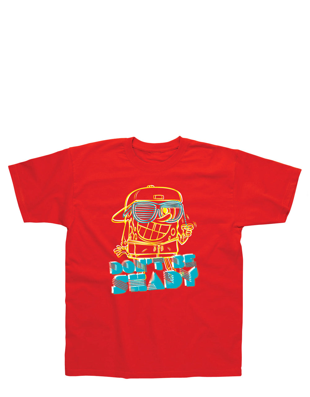 SpongeBob SquarePants don't be shady graphic on a red kids t-shirt.