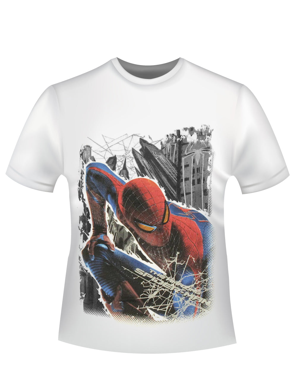Spider-Man amazing stalking spidey graphic on a white adult t-shirt.