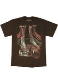 Spider-Man amazing hang time graphic on a brown adult t-shirt.