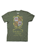 Winchester tavern graphic on a green adult t-shirt.
