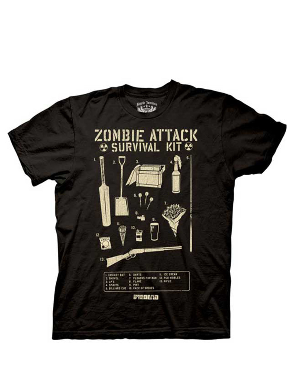 Zombie survival graphic on a black adult t-shirt.