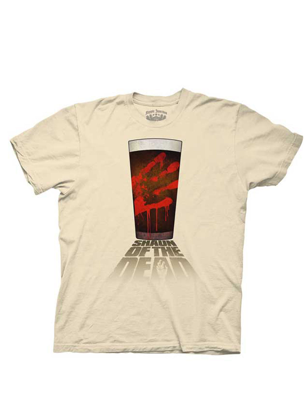 Bloody pint graphic on a beige adult t-shirt.