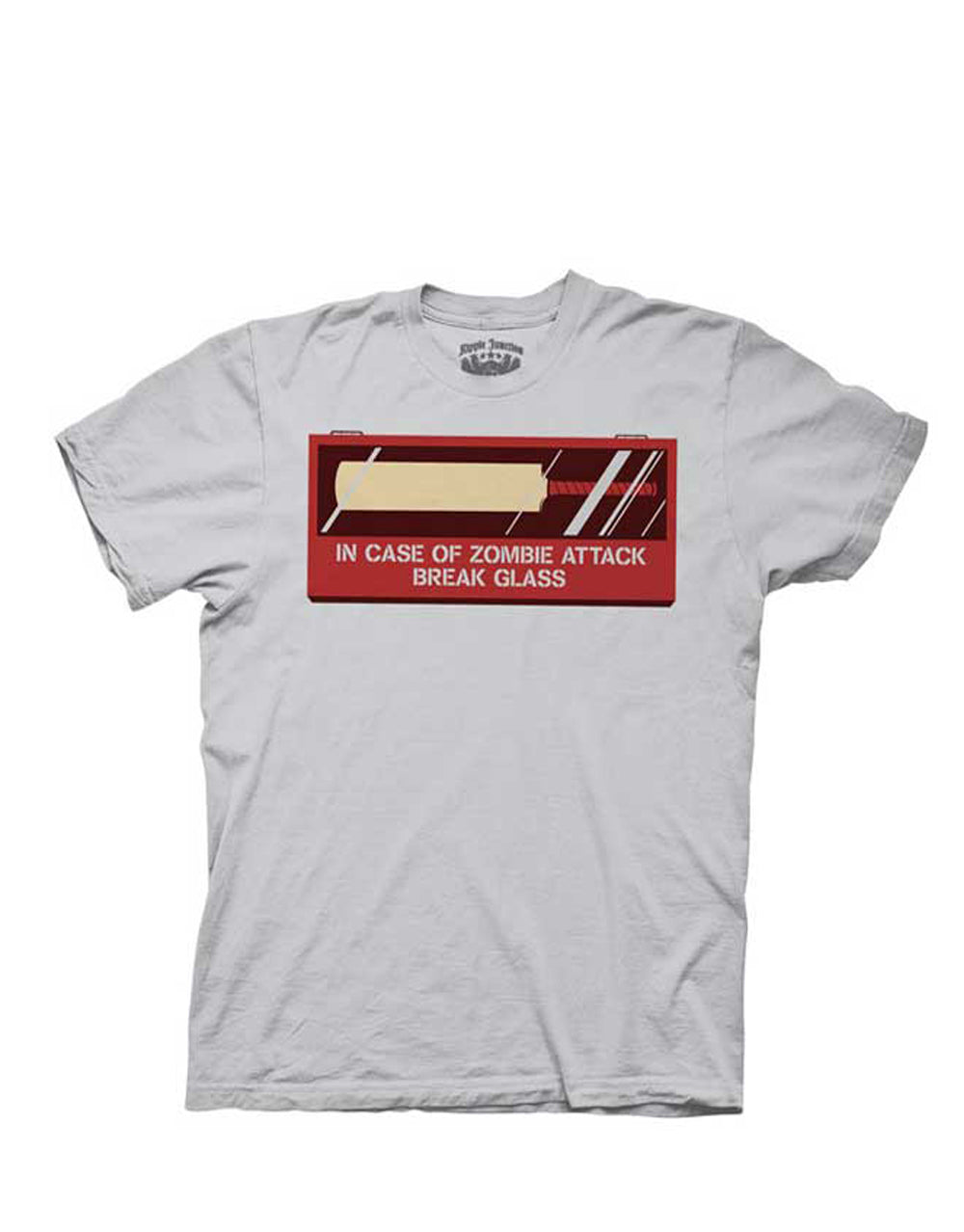 Break glass graphic on a grey adult t-shirt.