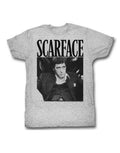 Scarface Tony Montana gangsta graphic on a heathered grey adult t-shirt.