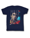 Scarface Tony Montana power money respect graphic on a blue adult t-shirt.