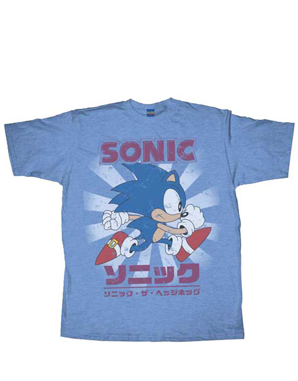 Sonic the Hedgehog kanji graphic on a heathered light blue adult t-shirt.