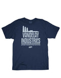 Vandalay industries graphic on a navy blue adult t-shirt.