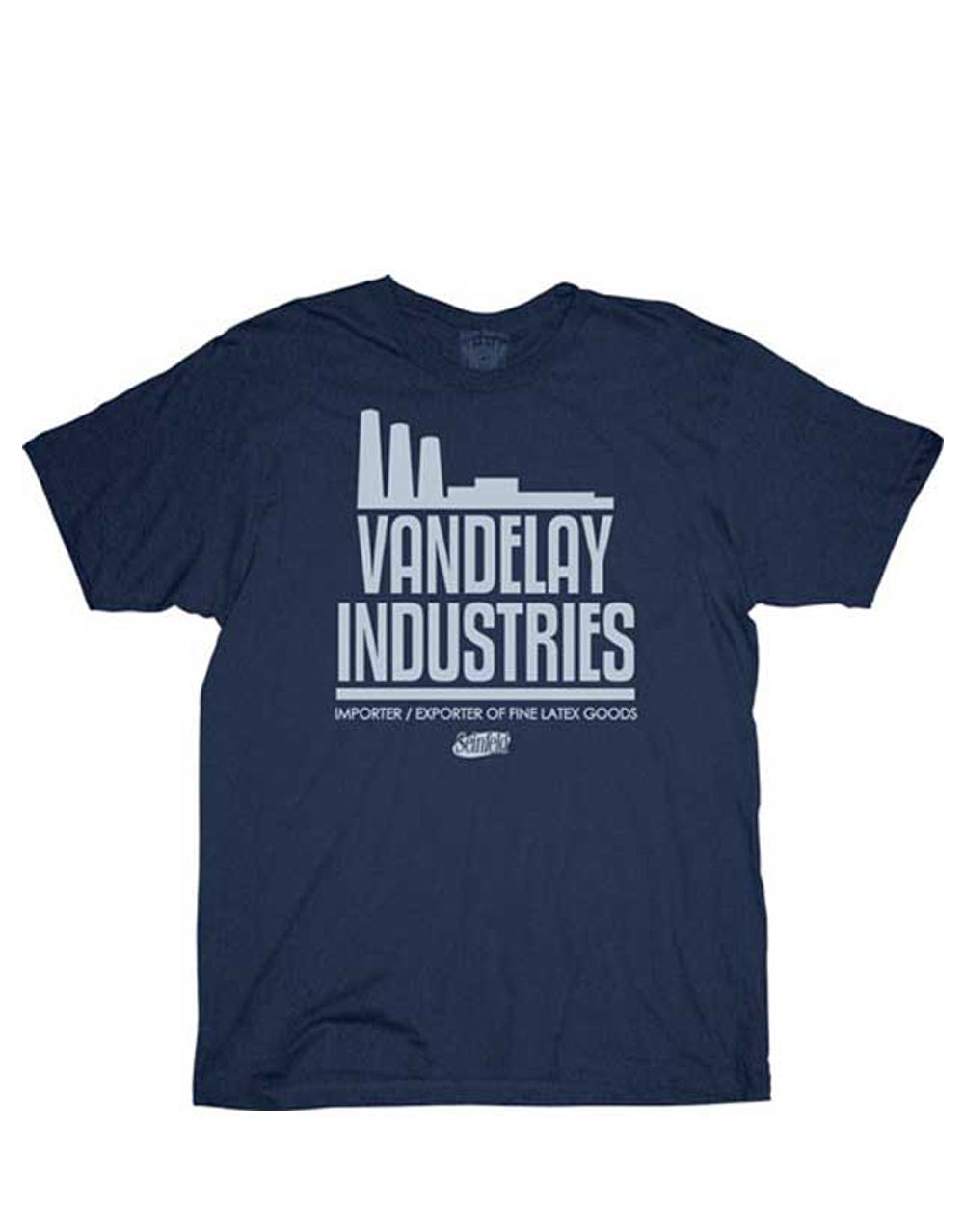 Vandalay industries graphic on a navy blue adult t-shirt.