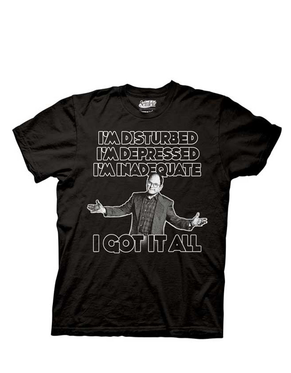 Disturbed depressed inadequate graphic on a black adult t-shirt.