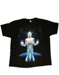 Silver Surfer surfer kneeling graphic on a black adult t-shirt.