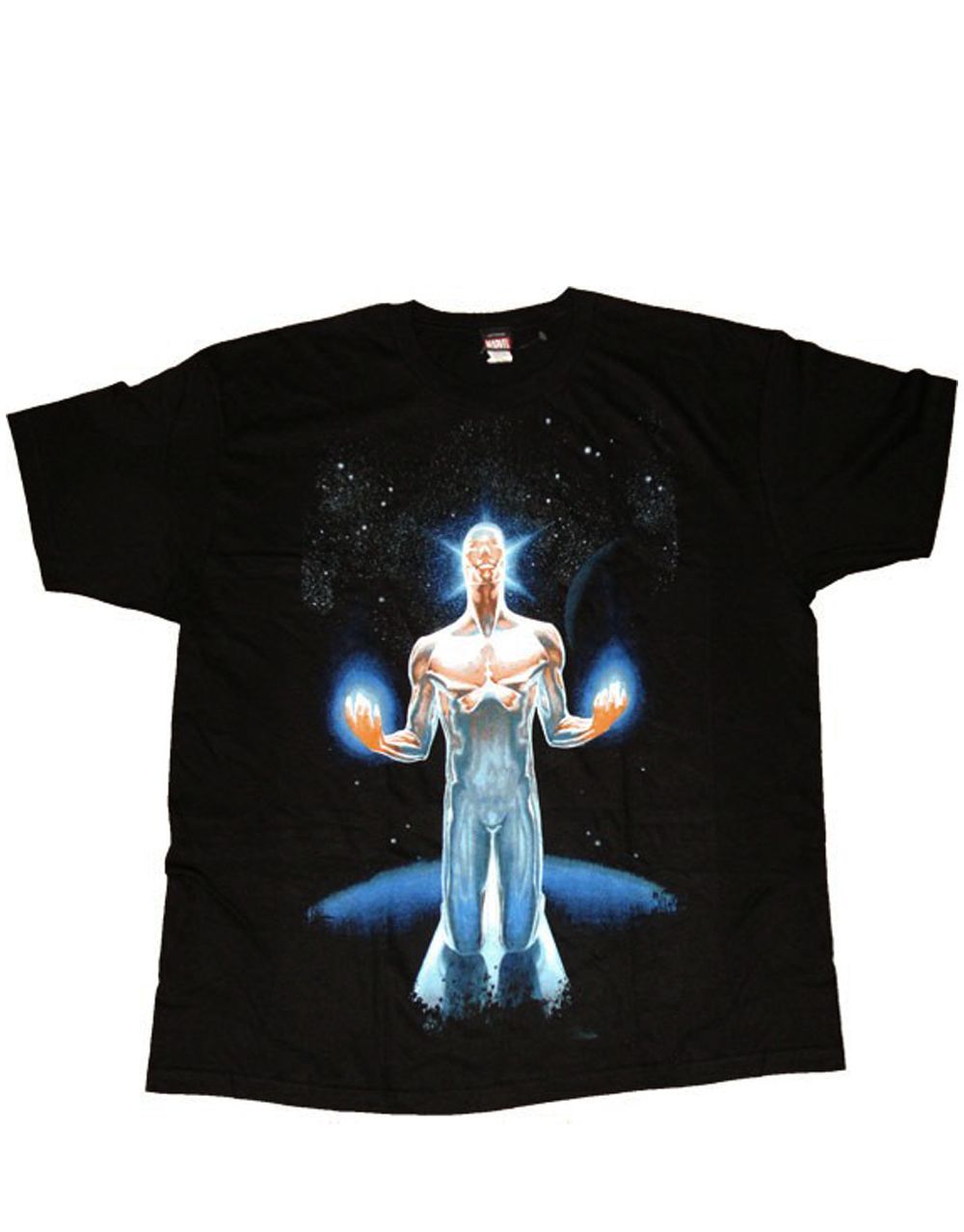 Silver Surfer surfer kneeling graphic on a black adult t-shirt.