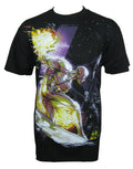 Silver Surfer silver surfer action graphic on a black adult t-shirt.