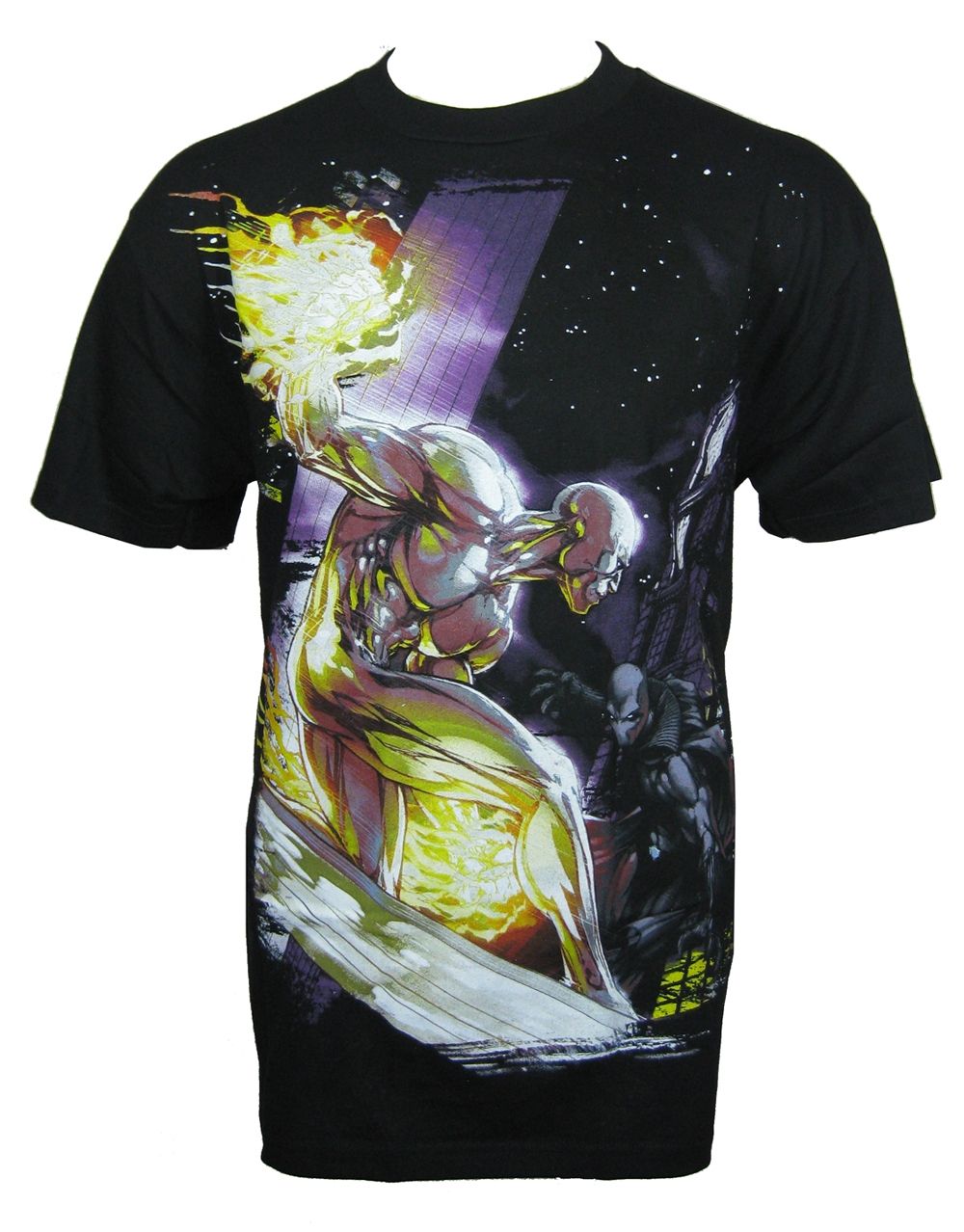 Silver Surfer silver surfer action graphic on a black adult t-shirt.