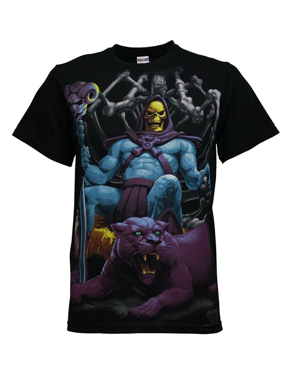 Skeletor throne graphic on a black adult t-shirt.