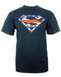 Superman Great Britain shield graphic on a blue adult t-shirt.