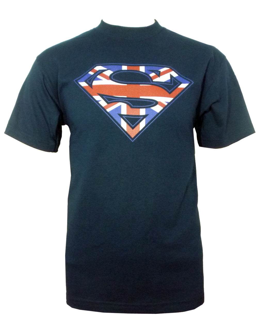 Superman Great Britain shield graphic on a blue adult t-shirt.