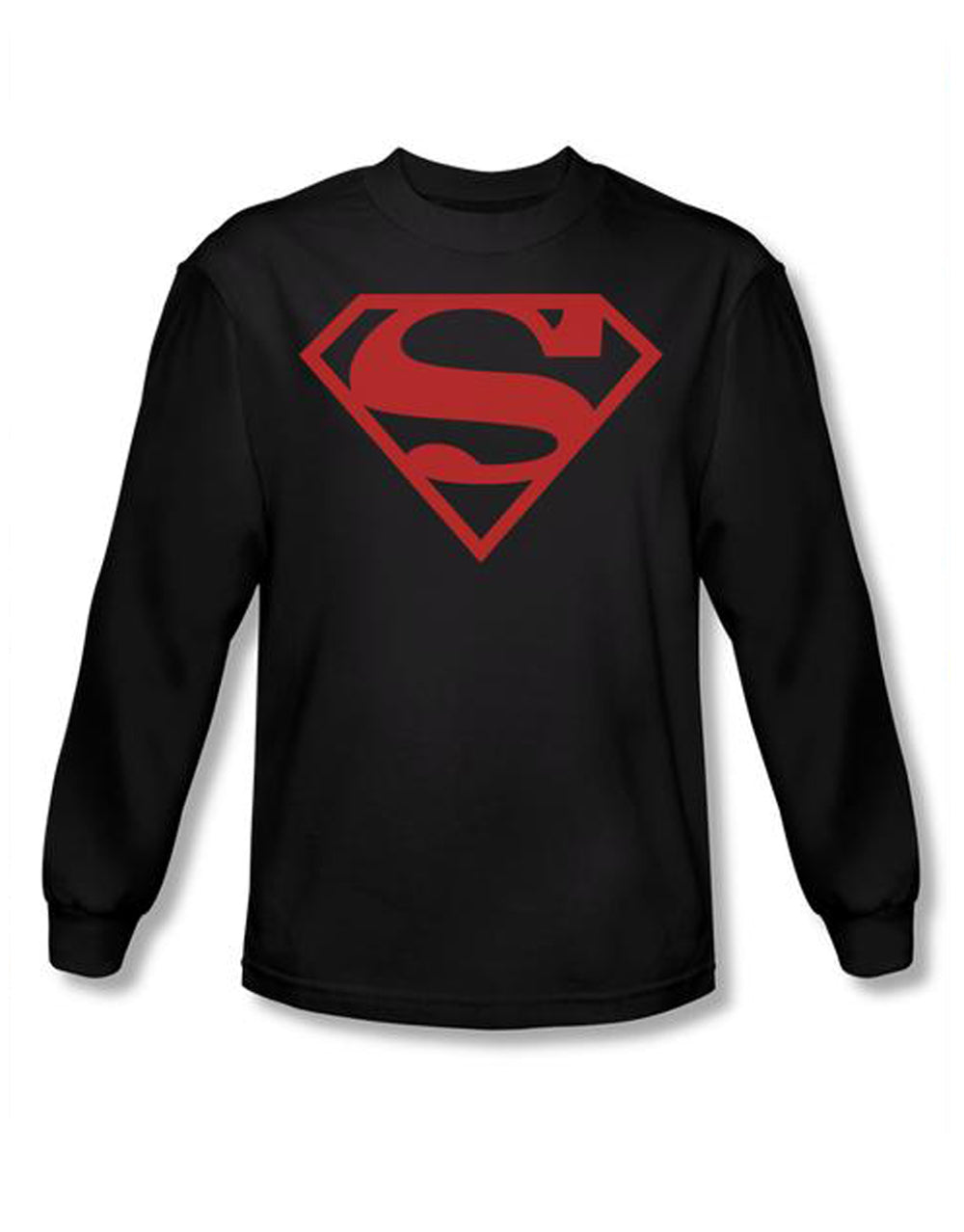 Red shield on black graphic on a black adult long sleeve top.