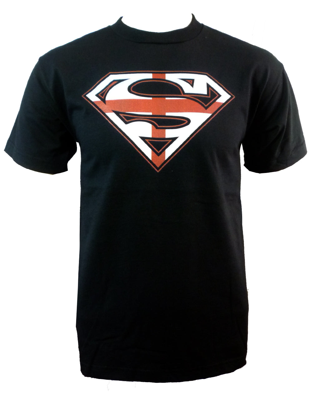 Superman England shield graphic on a black adult t-shirt.