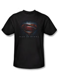 Man of Steel shield graphic on a black adult t-shirt.
