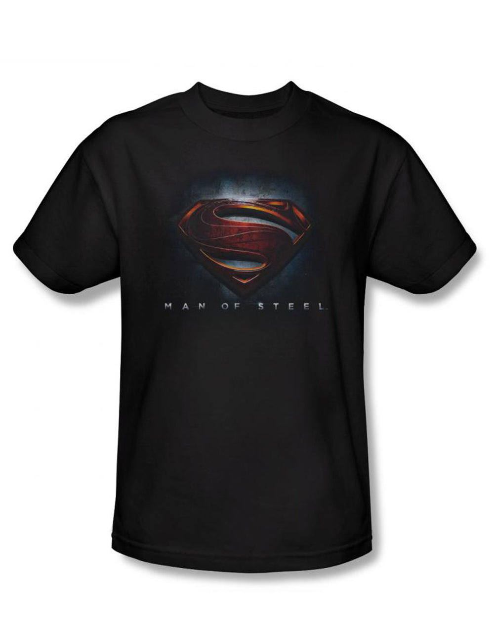 Man of Steel shield graphic on a black adult t-shirt.