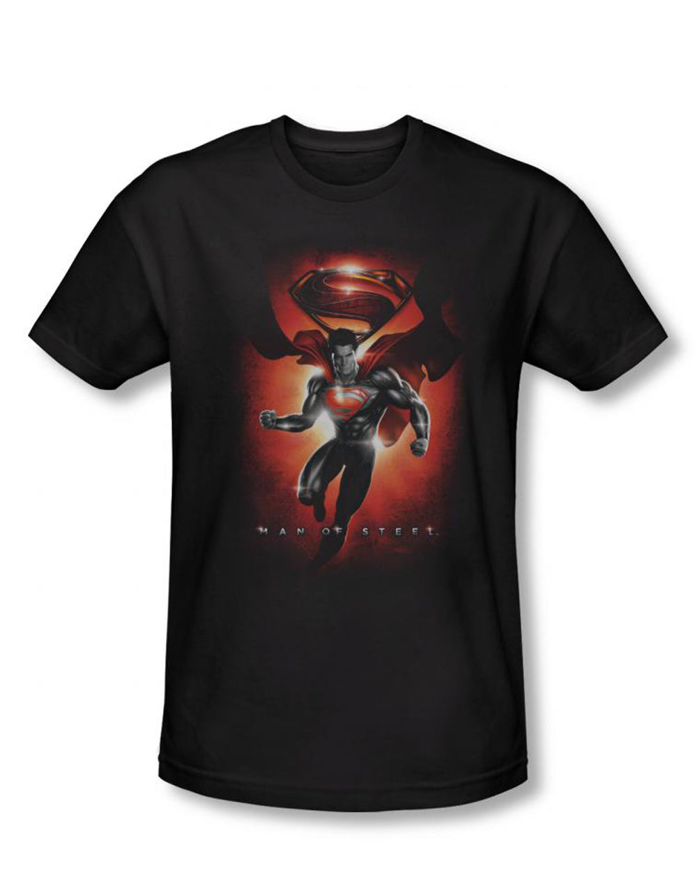 Man of Steel title graphic on a black adult t-shirt.