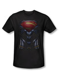 Man of Steel Superman costume graphic on a black adult t-shirt.