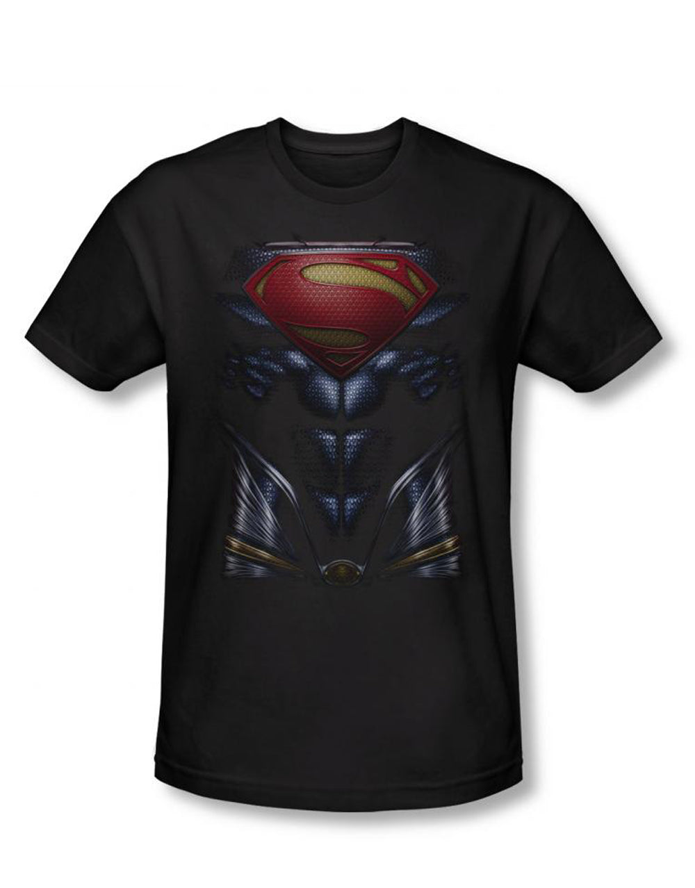 Man of Steel Superman costume graphic on a black adult t-shirt.